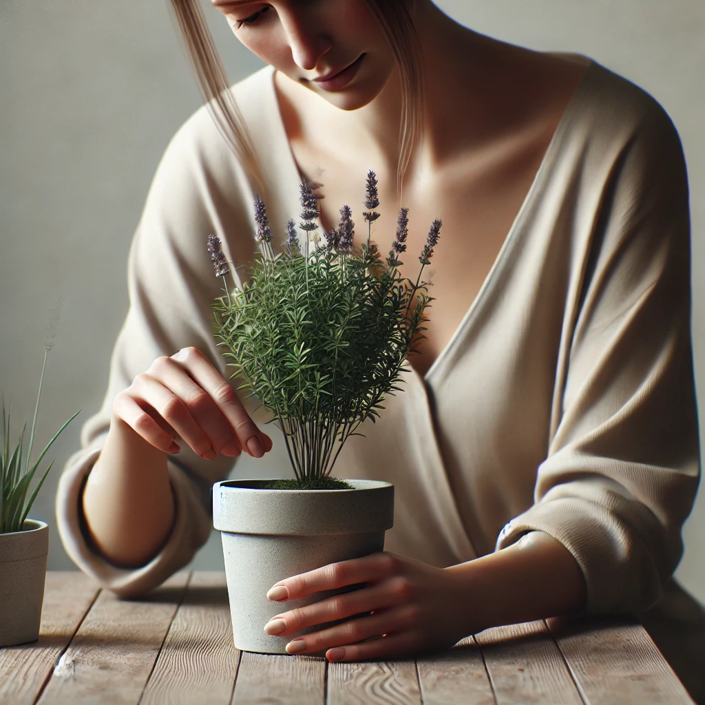 Une femme soigne une petite plante en pot, symbolisant les bienfaits apaisants du jardinage.