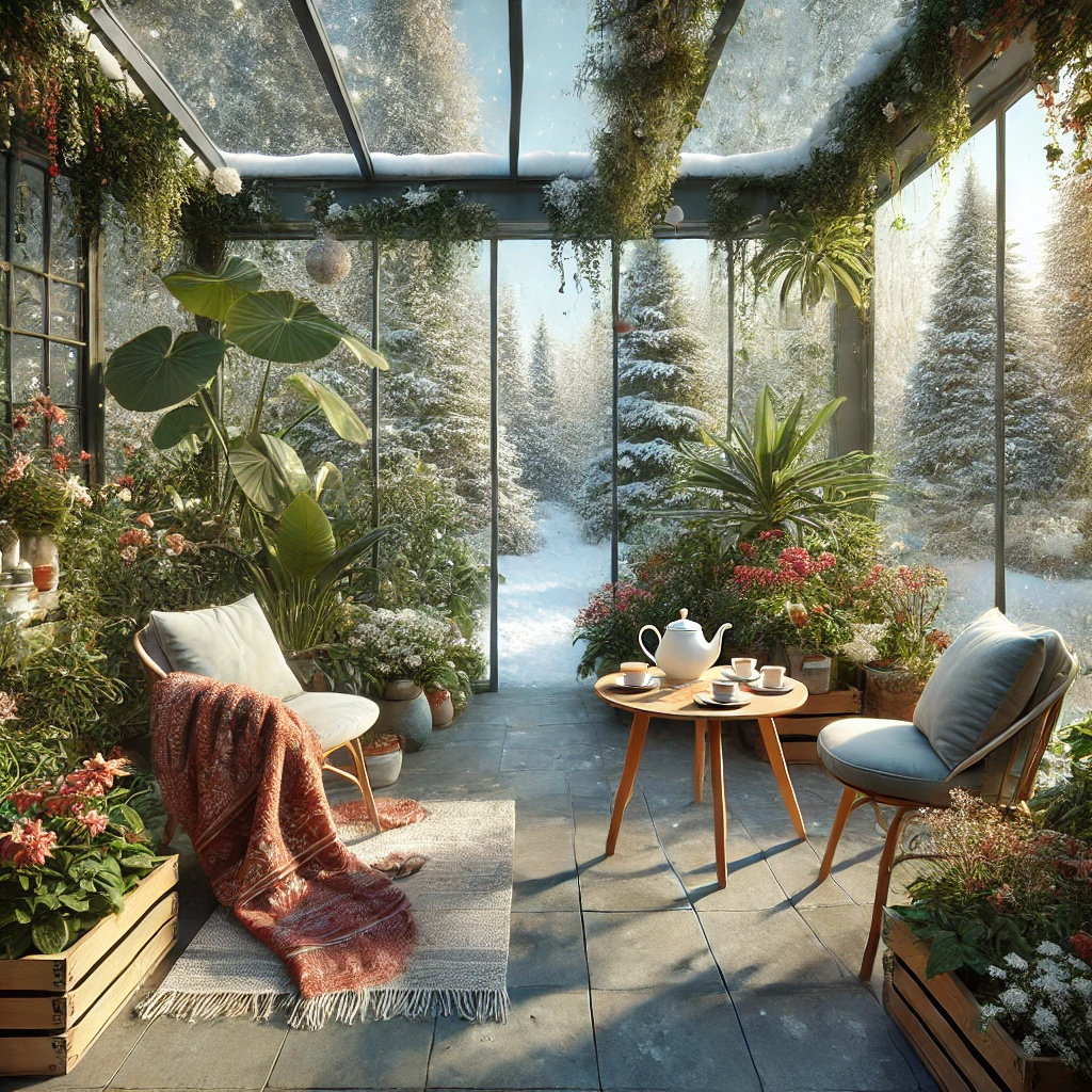 Un jardin d'hiver verdoyant à l'intérieur d'un espace vitré, rempli de plantes luxuriantes et de fleurs colorées, avec quelques flocons de neige reposant délicatement sur les feuilles. Des chaises confortables avec des couvertures sont disposées autour d'une table en bois sur laquelle repose une théière.