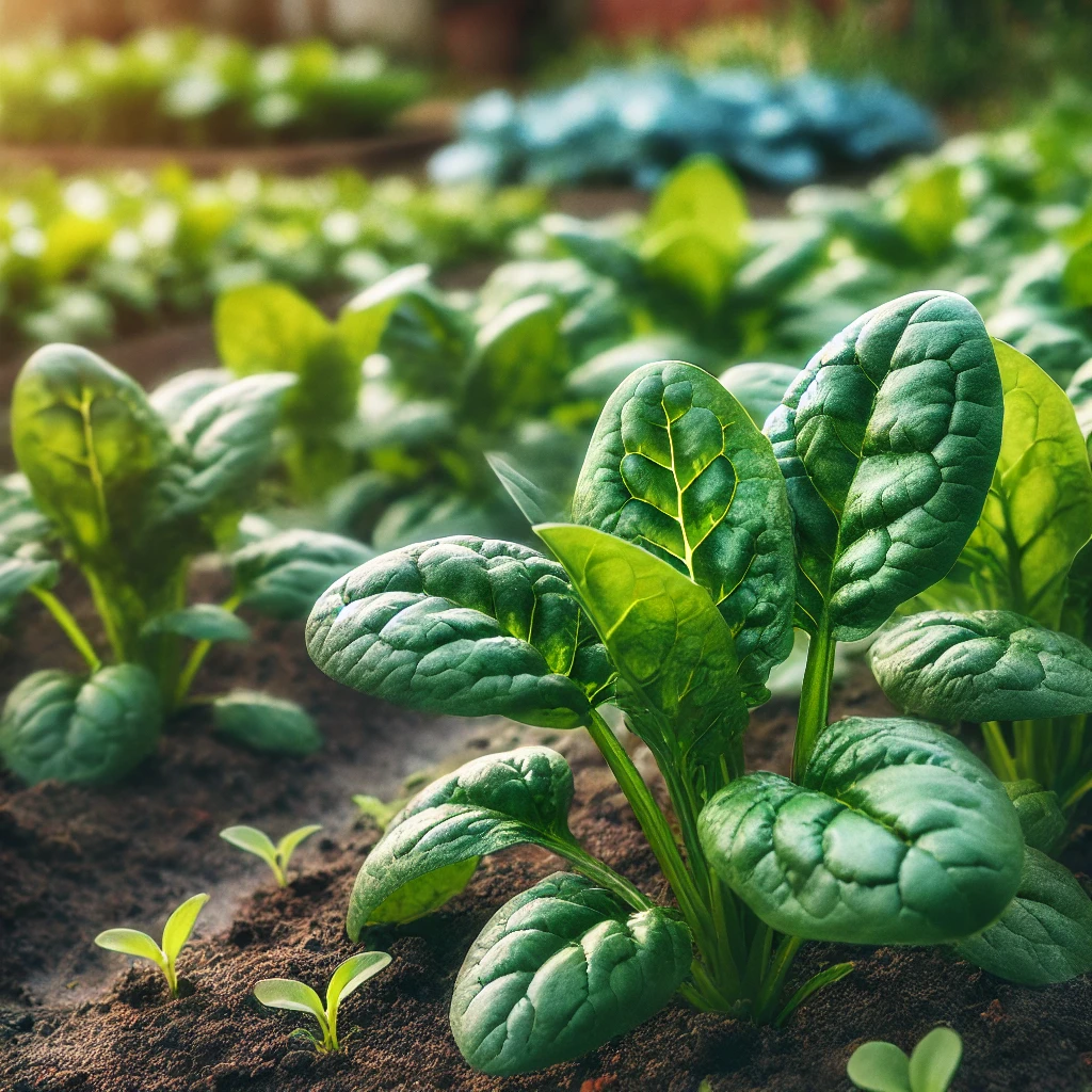 DALL·E 2024-10-30 18.43.18 - Fresh spinach plants growing in a well-maintained garden bed. The spinach leaves are vibrant green, slightly crinkled, and thriving under soft natural