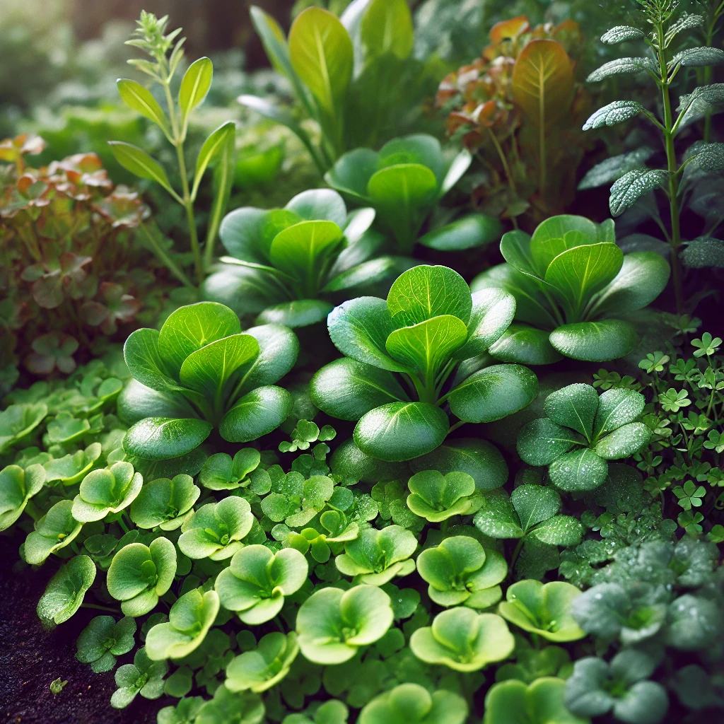 DALL·E 2024-10-30 18.44.32 - Mâche and claytonia (also known as miner's lettuce) growing side by side in a winter garden bed. The mâche plants have small, rounded, green leaves fo
