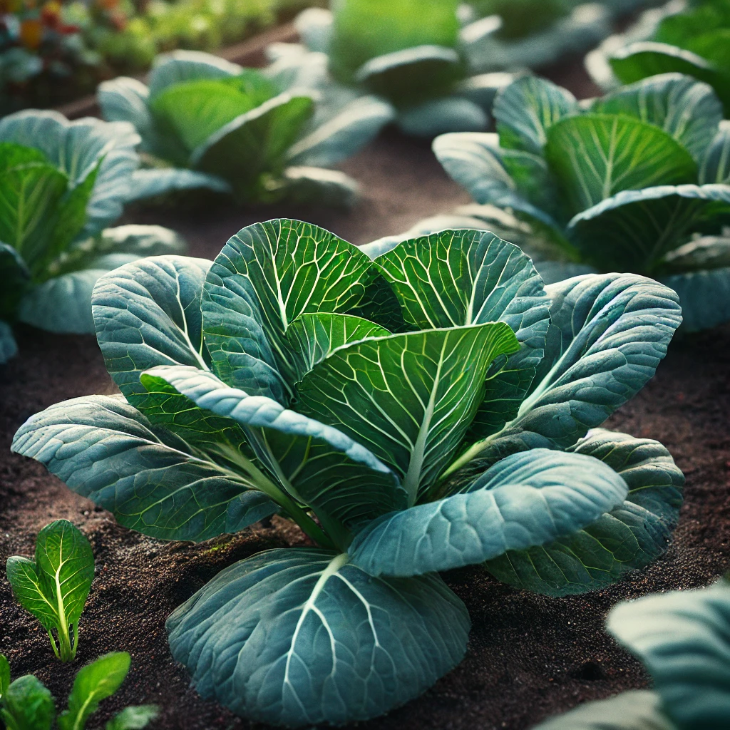 DALL·E 2024-10-30 18.45.40 - Collard greens (chou cavalier) growing in a garden bed. The plants have large, broad, dark green leaves with a smooth surface and visible veins. They