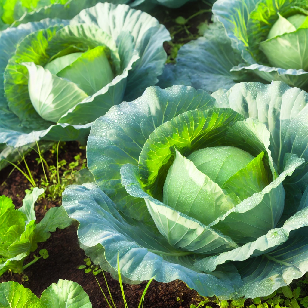 DALL·E 2024-10-30 18.46.54 - Cabbage plants growing in a well-maintained garden. The cabbages have large, rounded heads with thick, overlapping green leaves that form tight balls