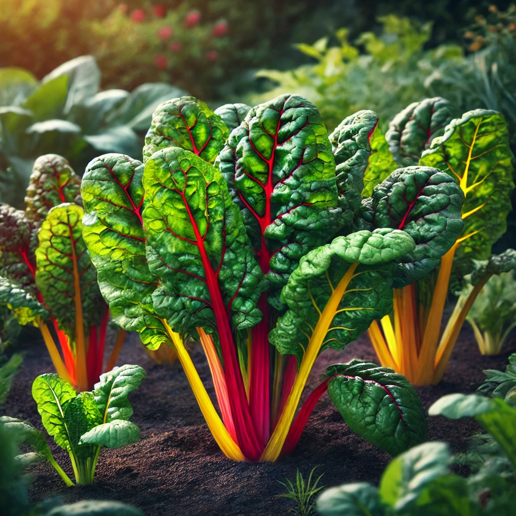 DALL·E 2024-10-30 18.48.19 - Chard (bette à carde) plants growing in a lush garden. The plants have large, vibrant green leaves with colorful stalks in shades of red, yellow, and