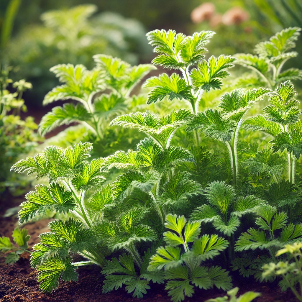 DALL·E 2024-10-30 18.49.26 - Pimprenelle plants growing in a garden bed. The plants have delicate, feathery leaves that are bright green, with slightly serrated edges. They are ar