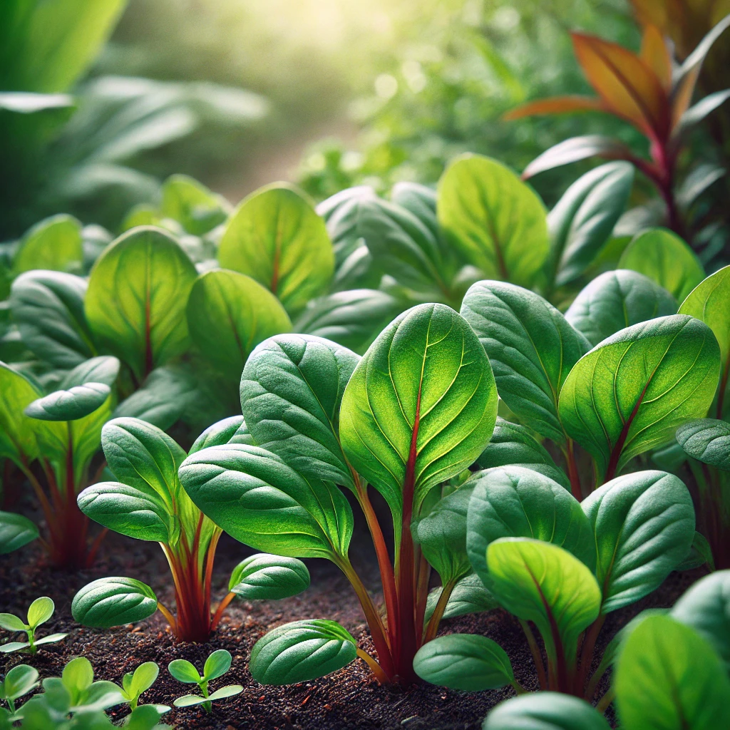 DALL·E 2024-10-30 18.50.30 - Sorrel (oseille) plants growing in a well-tended garden. The leaves are elongated, vibrant green, and slightly glossy, with smooth edges. Some of the