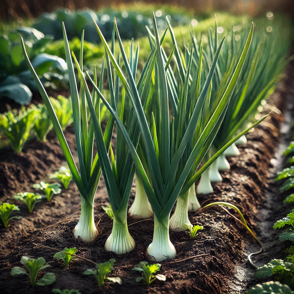 DALL·E 2024-10-30 18.51.36 - Leek (poireaux) plants growing in a well-organized garden bed. The plants have long, slender green leaves, and the white shafts are partially visible,