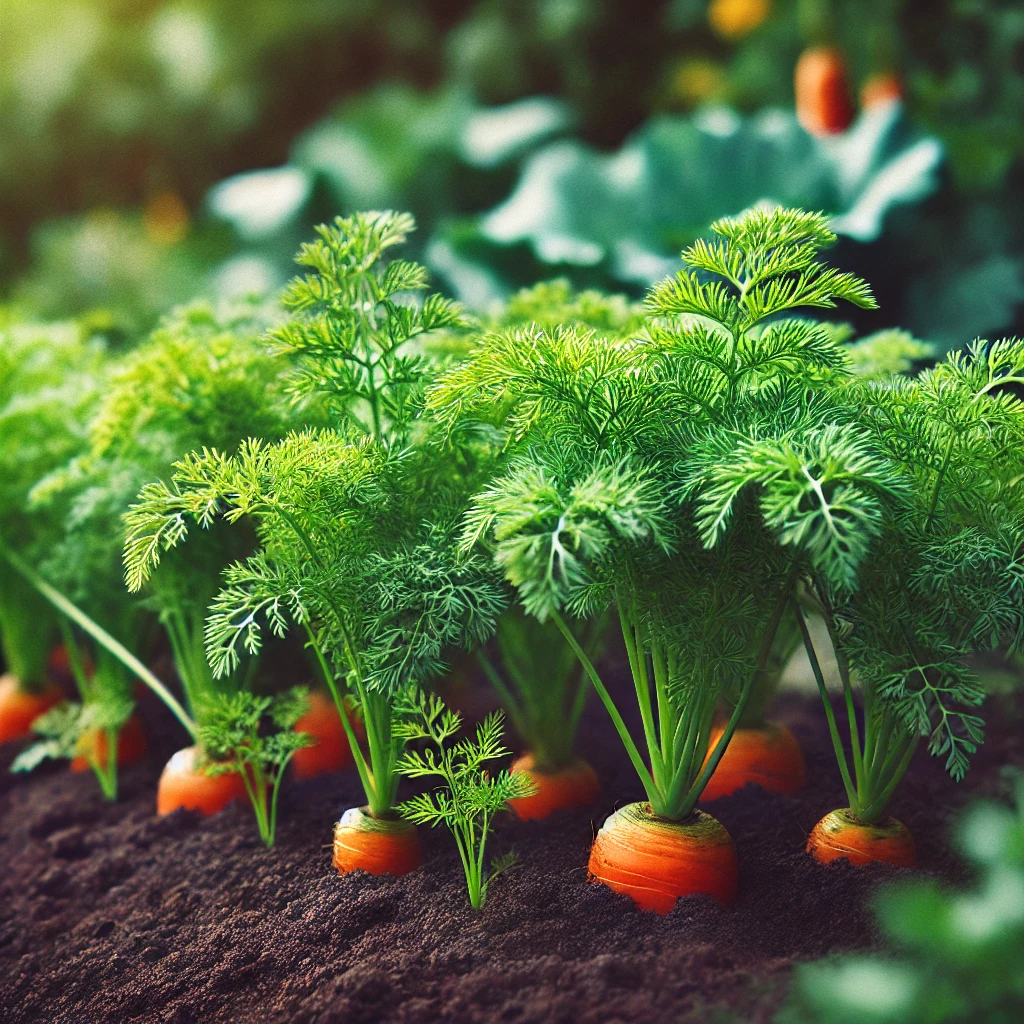 DALL·E 2024-10-30 18.52.30 - Carrot plants growing in a neat garden bed. The bright green, feathery leaves rise from the soil, indicating healthy growth. The tops of the orange ca