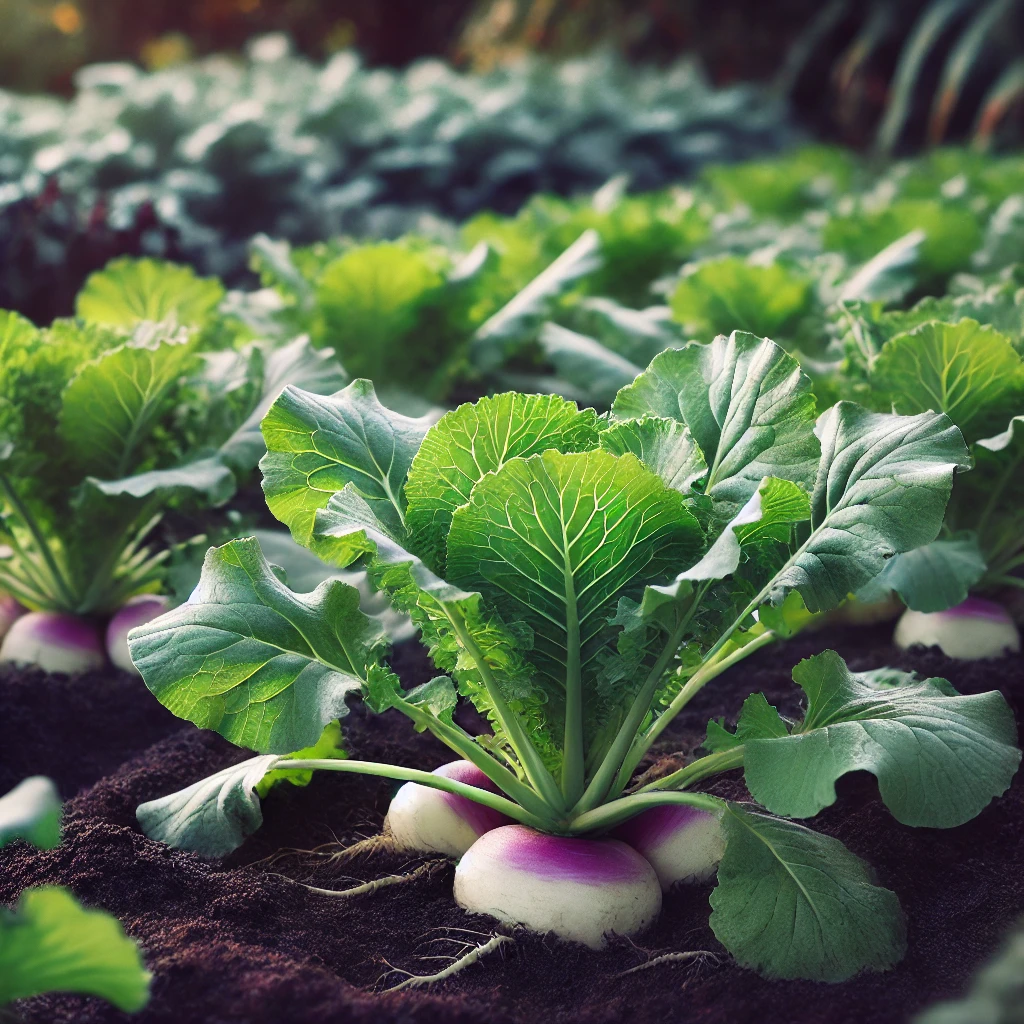 DALL·E 2024-10-30 18.53.48 - Turnip (navet) plants growing in a well-organized garden bed. The plants have broad green leaves with slightly wavy edges, growing from thick, pale pu