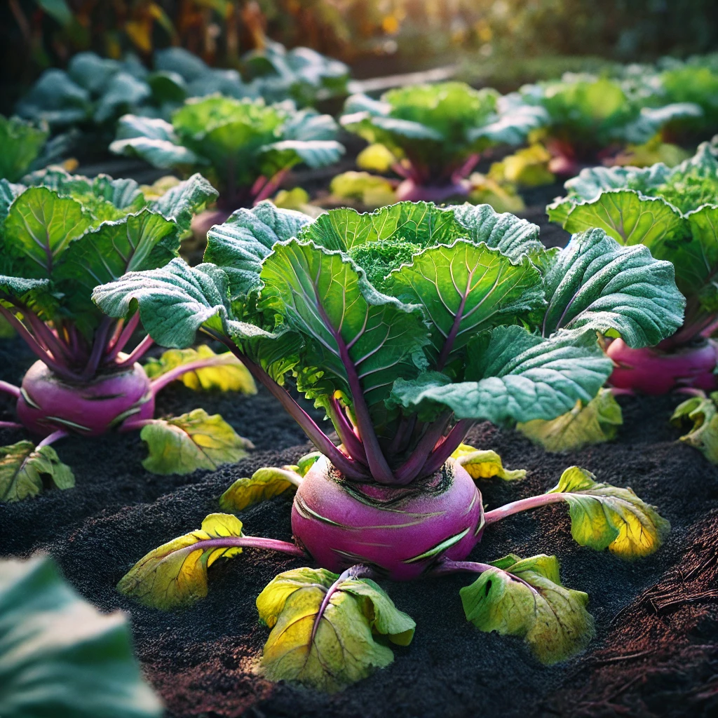 DALL·E 2024-10-30 18.56.02 - Rutabaga plants growing in a well-maintained garden bed. The plants have broad, green leaves with slightly rough edges, sprouting from large, round ro