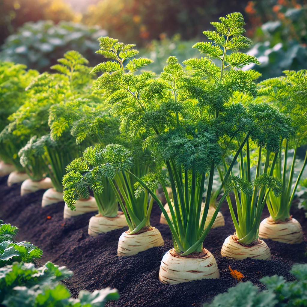 DALL·E 2024-10-30 18.57.10 - Parsnip (panais) plants growing in a well-tended garden bed. The plants feature feathery green leaves rising from thick, white roots that are partly v