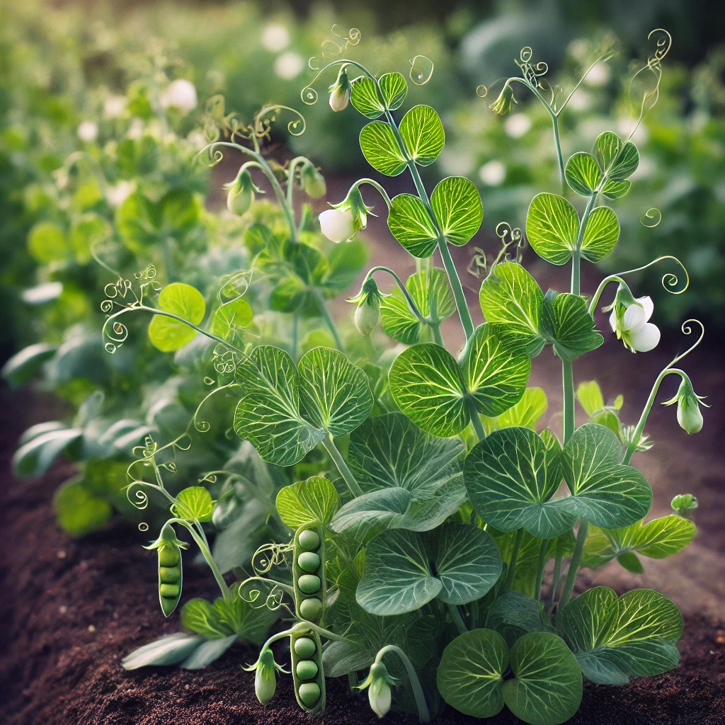 DALL·E 2024-10-30 18.58.50 - Austrian winter peas (pois d'hiver autrichiens) growing in a well-maintained garden bed. The plants have delicate, climbing green vines with small, ro